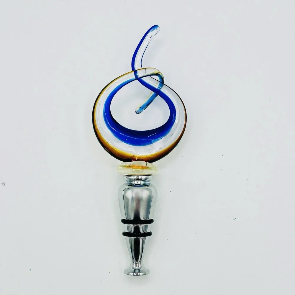 Vintage A. Dal Borgo Murano‎ Glass Wine Bottle Stopper Italy Twisted Blue Amber